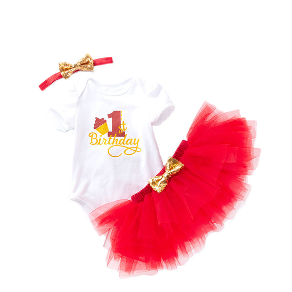 Baby Girls 1st Birthday Tulle Skirt Romper+Skirt+Headband 3PCS Outfits