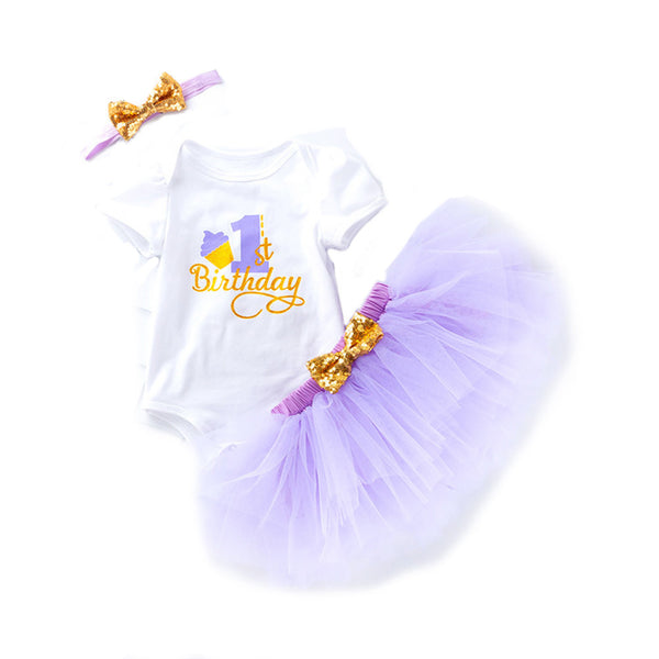 Baby Girls 1st Birthday Tulle Skirt Romper+Skirt+Headband 3PCS Outfits