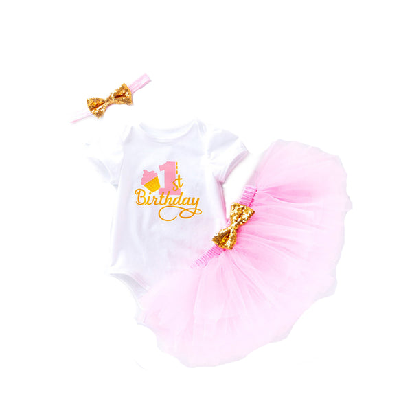 Baby Girls 1st Birthday Tulle Skirt Romper+Skirt+Headband 3PCS Outfits