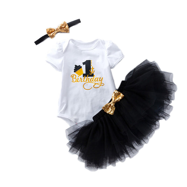Baby Girls 1st Birthday Tulle Skirt Romper+Skirt+Headband 3PCS Outfits