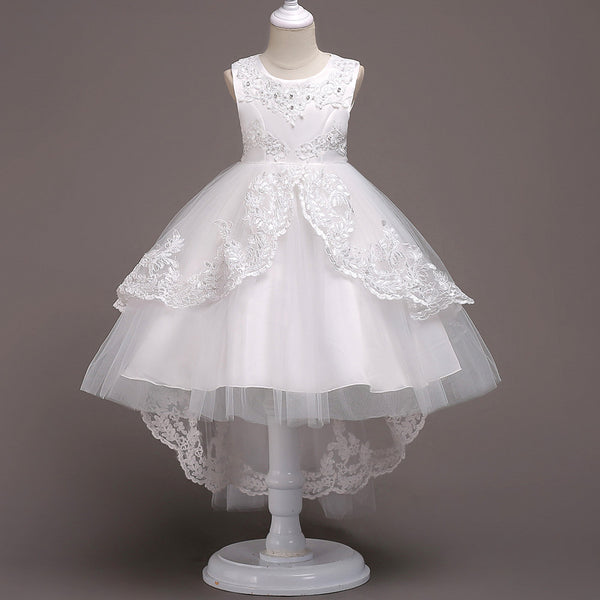 Girls Fancy Lace Ruffles Vintage Embroidered Sequins Wedding Big Bow Dress