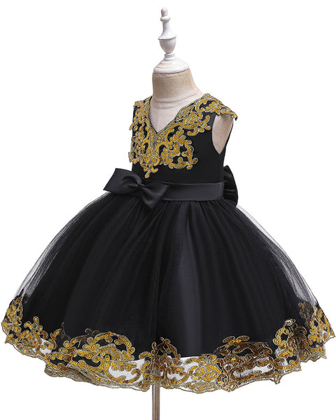 Girls Embroidered Sequins Tulle Dress Big Bow Flower Girl Dress