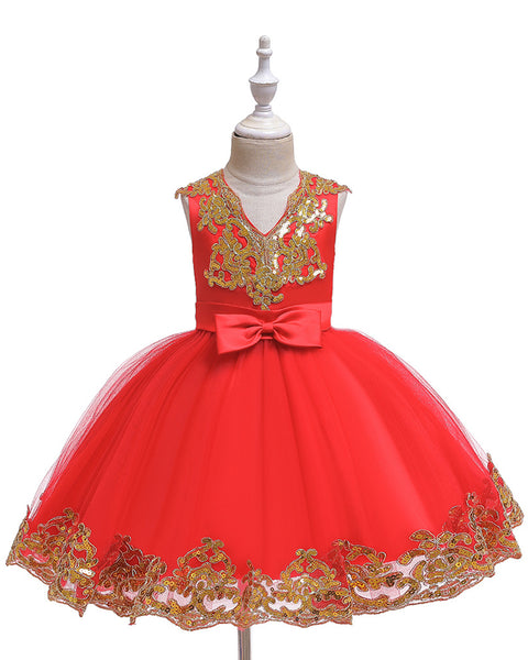 Girls Embroidered Sequins Tulle Dress Big Bow Flower Girl Dress