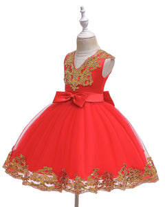 Girls Embroidered Sequins Tulle Dress Big Bow Flower Girl Dress