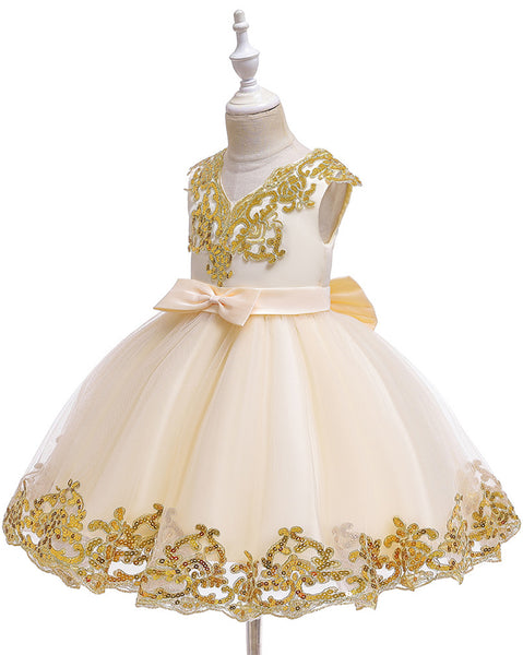 Girls Embroidered Sequins Tulle Dress Big Bow Flower Girl Dress