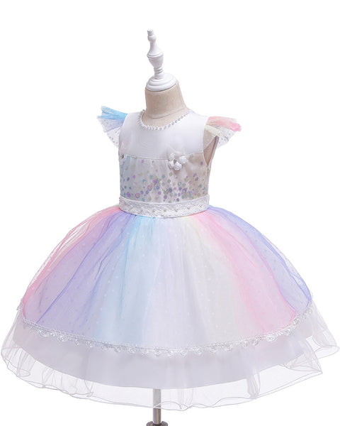 Baby Girls Flower Sequin Floral Knee-Length Dress Pageant Party Dress With Unicorn Headband