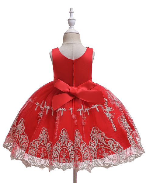 Girls Sleeveless Embroidered Wedding Dress Up Knee-length Pageant Dress