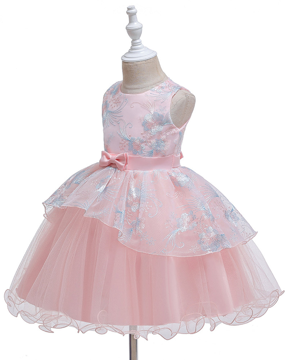 Girls Sleeveless Embroidered Bow Tie Dress Party Wedding Flower Dress