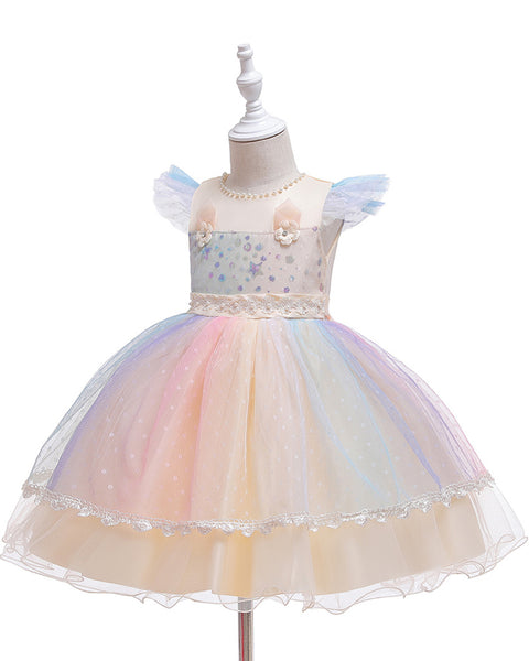 Baby Girls Flower Sequin Floral Knee-Length Dress Pageant Party Dress With Unicorn Headband