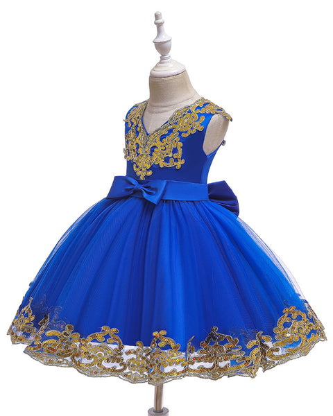 Girls Embroidered Sequins Tulle Dress Big Bow Flower Girl Dress