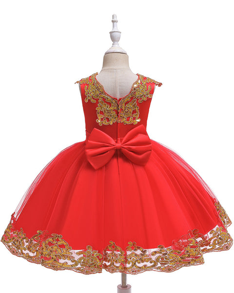 Girls Embroidered Sequins Tulle Dress Big Bow Flower Girl Dress