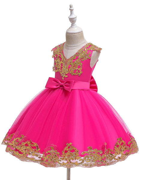 Girls Embroidered Sequins Tulle Dress Big Bow Flower Girl Dress