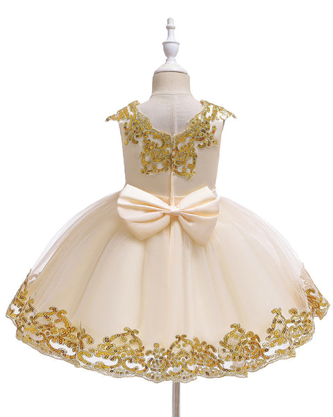 Girls Embroidered Sequins Tulle Dress Big Bow Flower Girl Dress