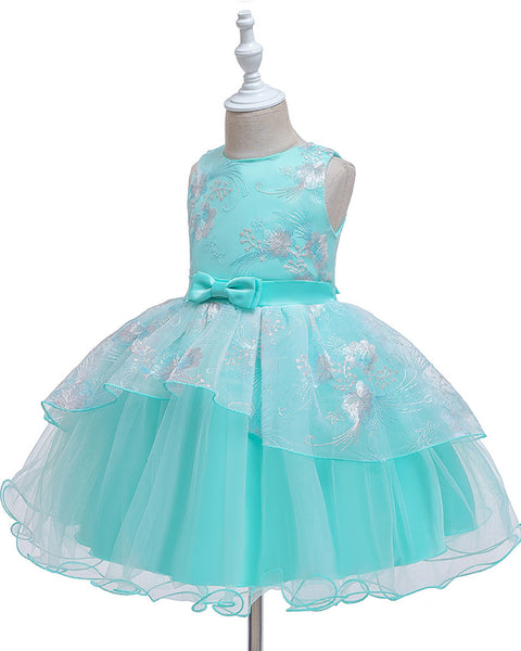 Girls Sleeveless Embroidered Bow Tie Dress Party Wedding Flower Dress