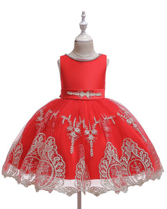 Girls Sleeveless Embroidered Wedding Dress Up Knee-length Pageant Dress