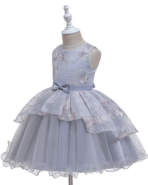 Girls Sleeveless Embroidered Bow Tie Dress Party Wedding Flower Dress