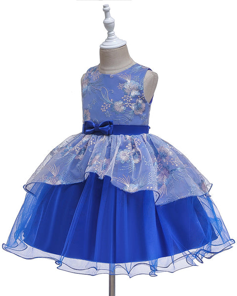 Girls Sleeveless Embroidered Bow Tie Dress Party Wedding Flower Dress