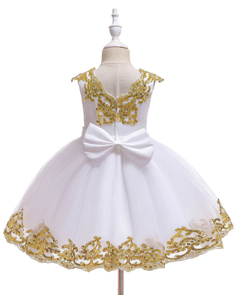 Girls Embroidered Sequins Tulle Dress Big Bow Flower Girl Dress