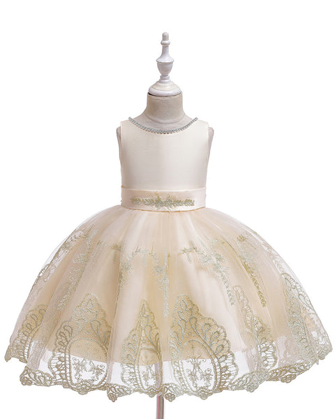 Girls Sleeveless Embroidered Wedding Dress Up Knee-length Pageant Dress