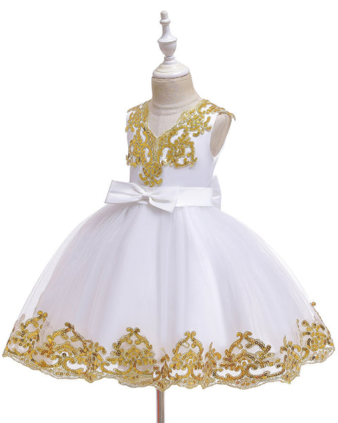 Girls Embroidered Sequins Tulle Dress Big Bow Flower Girl Dress