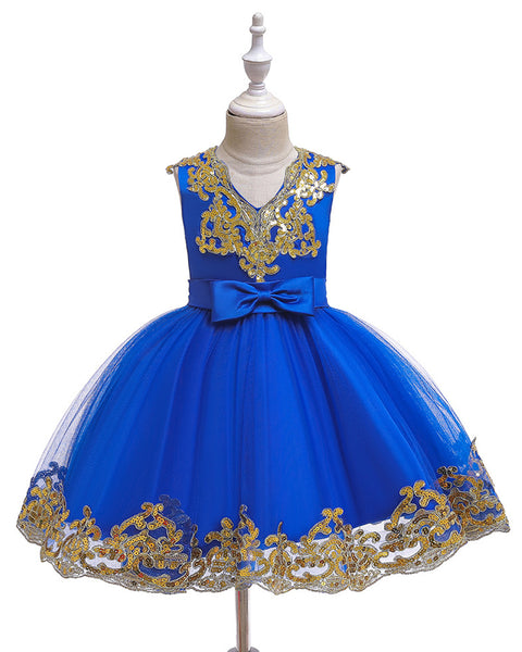 Girls Embroidered Sequins Tulle Dress Big Bow Flower Girl Dress