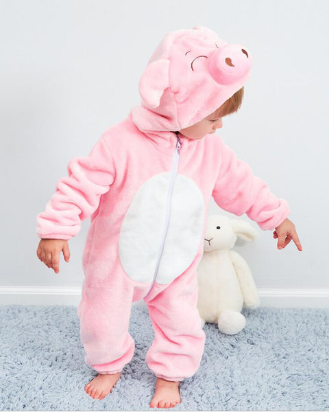 Newborn Kids Baby Cartoon Pink Pig Winter Bunting Bodysuit Warm Hooded Romper Jumpsuit