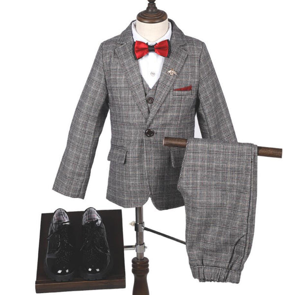 Boys' Gray Formal checked Suit  4 piece Dresswear suit set with jacket,shirt,vest and pants