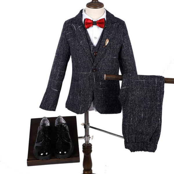 Boys' Black Formal Suit(white dot)  3 piece Dresswear suit set with jacket,vest and pants