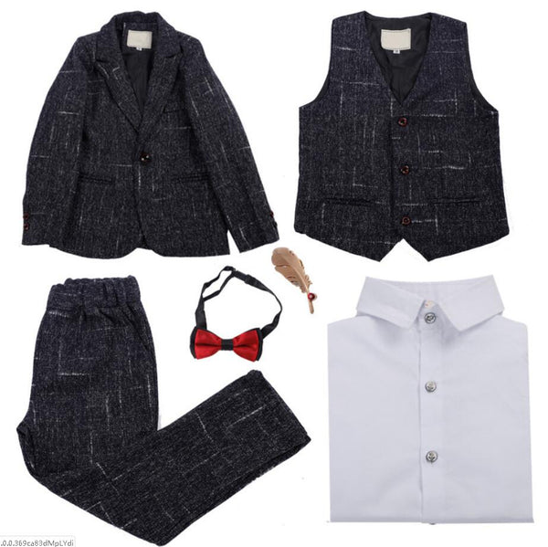 Boys' Black Formal Suit(white dot)  4 piece Dresswear suit set with jacket,shirt,vest and pants