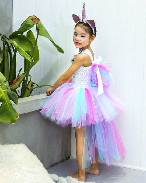 Girls Unicorn Rainbow Tutu Party Dress with Cape