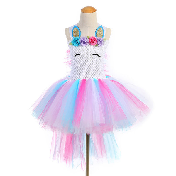 Girls Unicorn Rainbow Tutu Party Dress with Cape