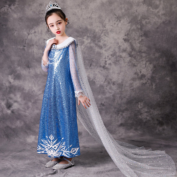 Girls Blue Sequin Princess Costume Long Sleeve for Halloween Party Dress up