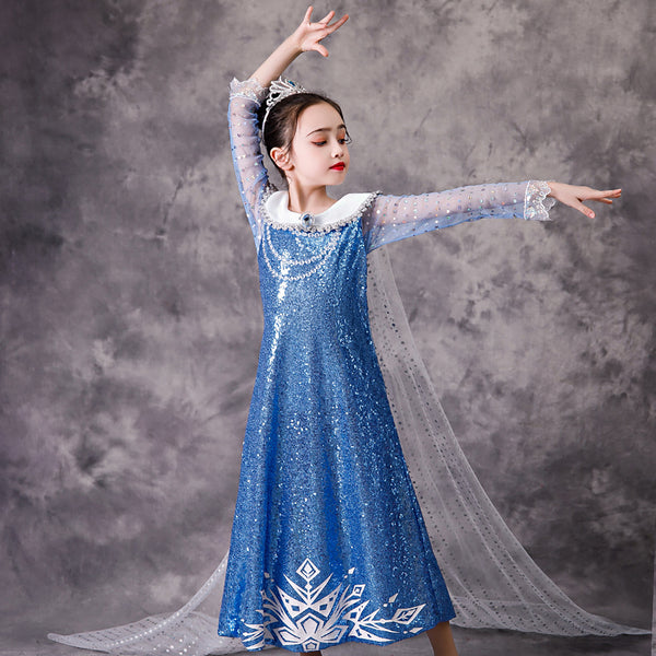 Girls Blue Sequin Princess Costume Long Sleeve for Halloween Party Dress up