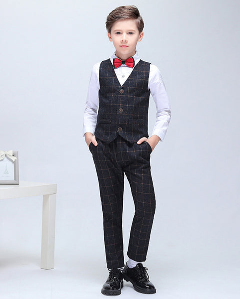 Boys' Black Checked Formal Suit  4 piece Dresswear suit set with jacket,shirt,vest and pants