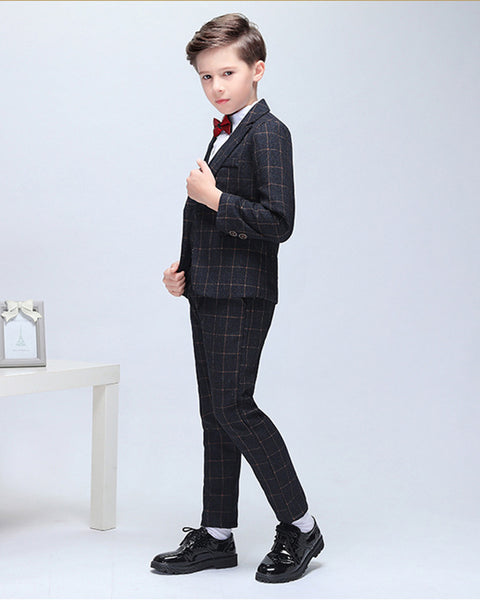 Boys' Black Checked Formal Suit  4 piece Dresswear suit set with jacket,shirt,vest and pants