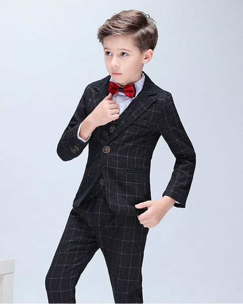 Boys' Black Checked Formal Suit  4 piece Dresswear suit set with jacket,shirt,vest and pants