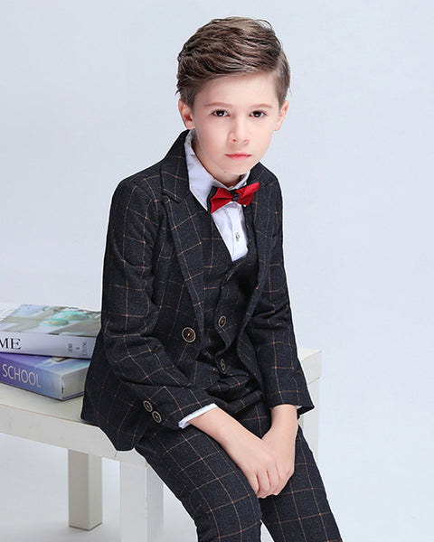 Boys' Black Checked Formal Suit  4 piece Dresswear suit set with jacket,shirt,vest and pants