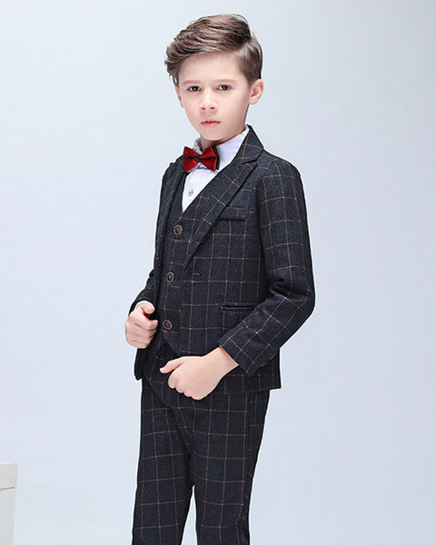 Boys' Black Checked Formal Suit  4 piece Dresswear suit set with jacket,shirt,vest and pants