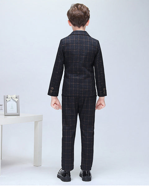 Boys' Black Checked Formal Suit  4 piece Dresswear suit set with jacket,shirt,vest and pants