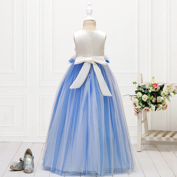 Girls Sleeveless Mesh 3D Flower Girl Dress Long-style