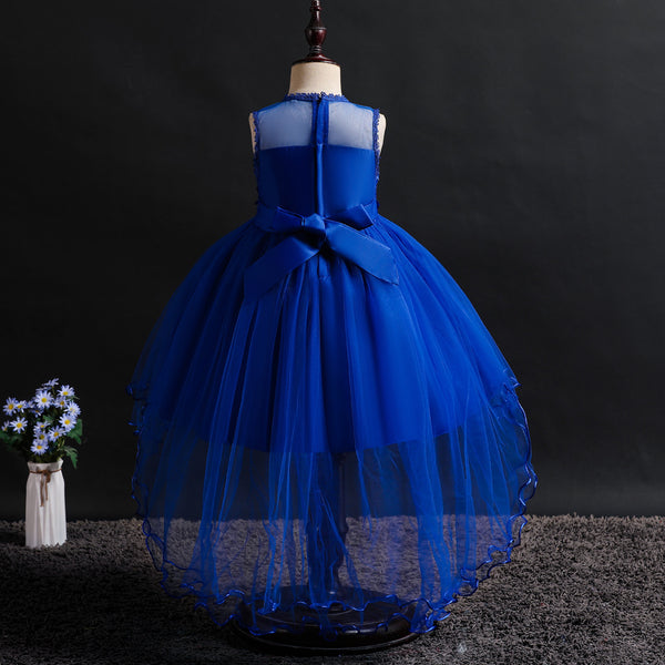 Girls 3D Appliques Floral Tulle Flower Girl Dress with Train