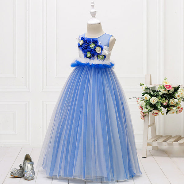 Girls Sleeveless Mesh 3D Flower Girl Dress Long-style