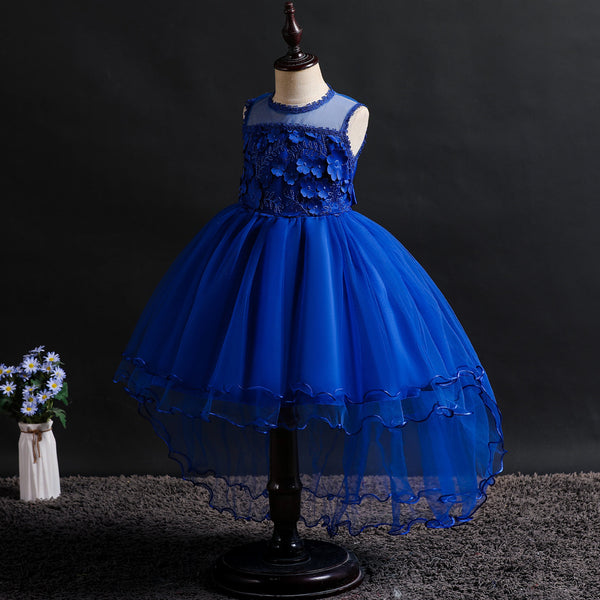 Girls 3D Appliques Floral Tulle Flower Girl Dress with Train