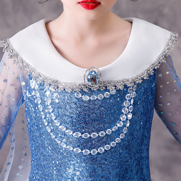 Girls Blue Sequin Princess Costume Long Sleeve for Halloween Party Dress up