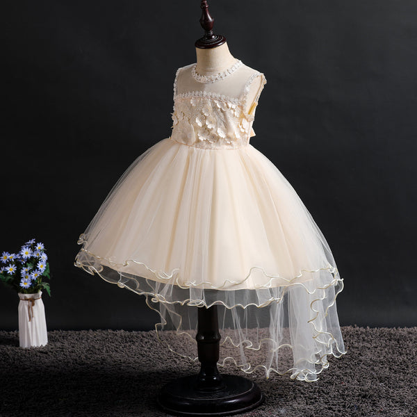 Girls 3D Appliques Floral Tulle Flower Girl Dress with Train