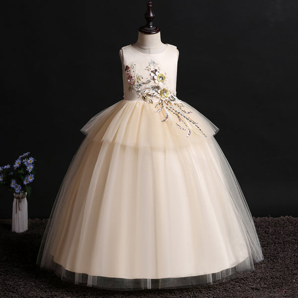 Girls Sleeveless 3D Flowers Tulle Formal Dress