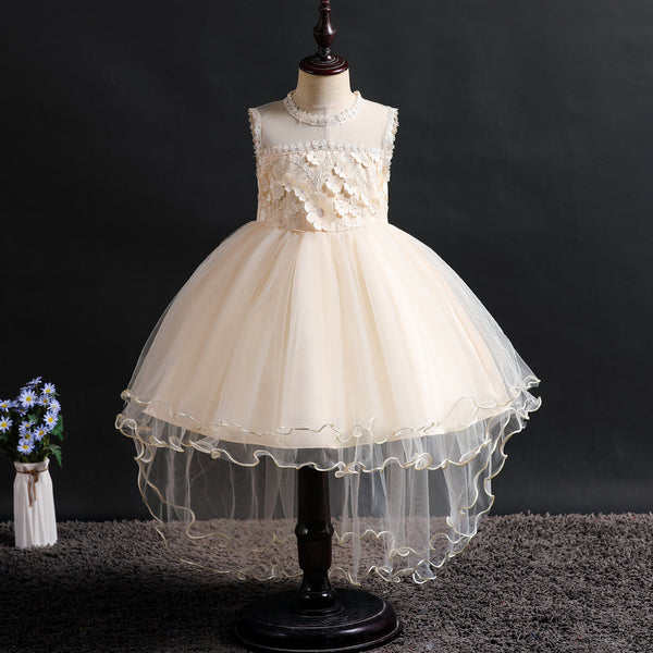 Girls 3D Appliques Floral Tulle Flower Girl Dress with Train