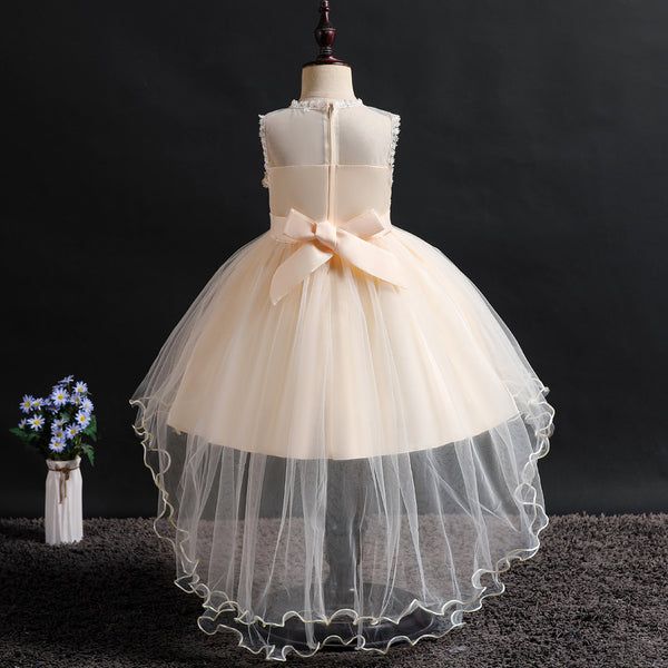 Girls 3D Appliques Floral Tulle Flower Girl Dress with Train