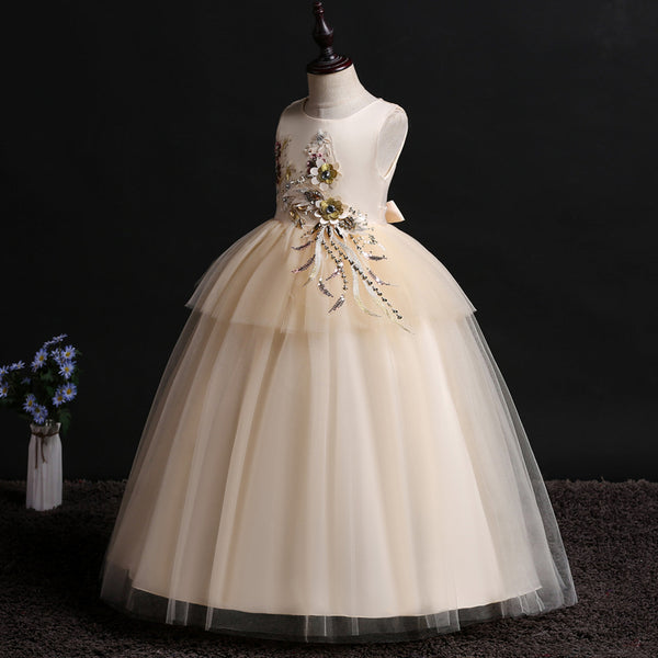 Girls Sleeveless 3D Flowers Tulle Formal Dress