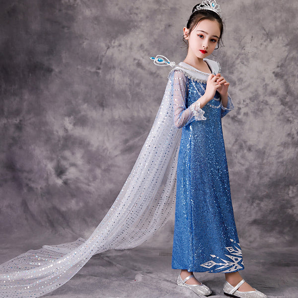 Girls Blue Sequin Princess Costume Long Sleeve for Halloween Party Dress up